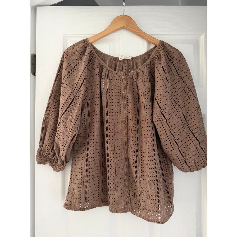 Joie Mushroom Taupe Cotton Eyelet Boho Peasant Top‎ Button Front Tie